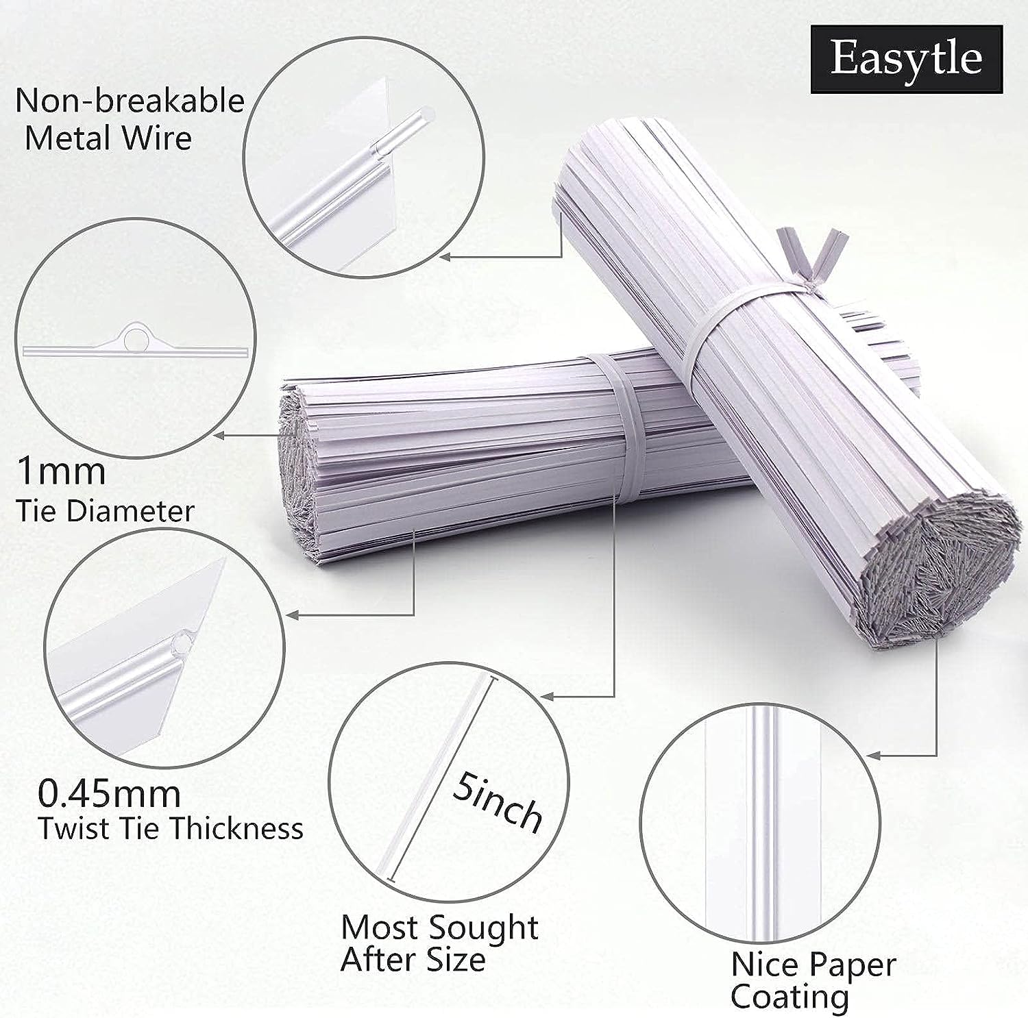 Easytle 600 Pcs 5" White Paper Twist Ties Bread Ties White Twist Ties Twisty-Ties Bag Ties Twist Ties for Bags Bread Wire Ties Twist Tie for Party Cello Candy Bread Coffee Bags Cake Pops