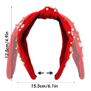 Zkptops Baseball Knotted Headband for Women Fun Sports Team Game Day Twisted Top Knot Headbands Crystal Pearl Jeweled Head Band Fashion Sparkly Hairband Accessories Gifts for Sports Fans(Red)