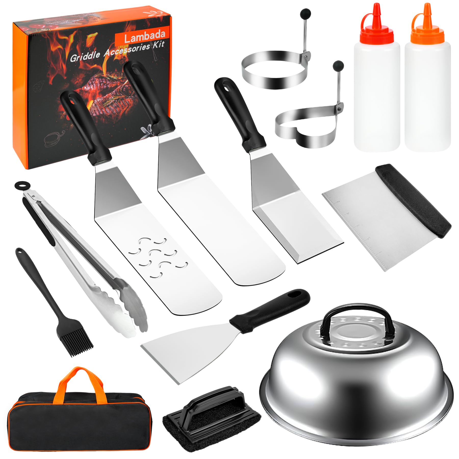 Lambada Griddle Accessories Kit, Flat Top Grill Accessories Set for Blackstone, 14Pcs Grilling Accessories with Enlarged Spatula Kit, Scraper, Basting Cover, for Camp Chef Outdoor BBQ