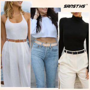 SANSTHS 3 Pack Women Faux Leather Chic Belts for Jeans Pants Fashion Ladies Belt Solid Color with Gold Curved Pin Buckle,Black Brown Beige,M