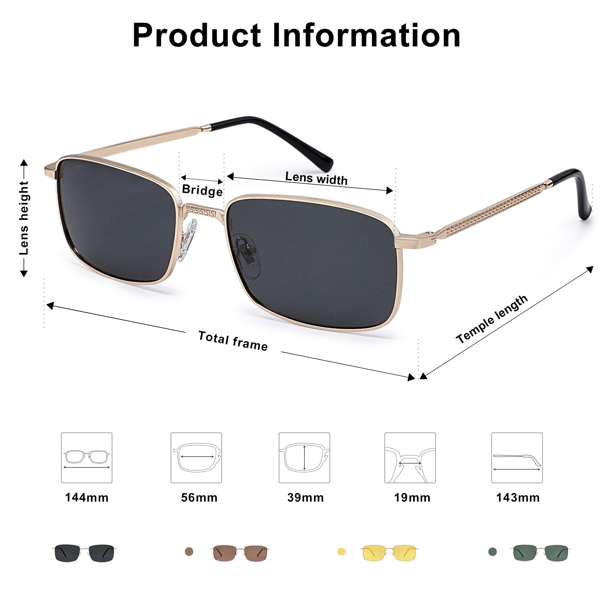 SOJOS Retro Vintage Rectangle Polarized Sunglasses Mens Womens Classic UV400 Metal Sunnies SJ1215, Gold/Black