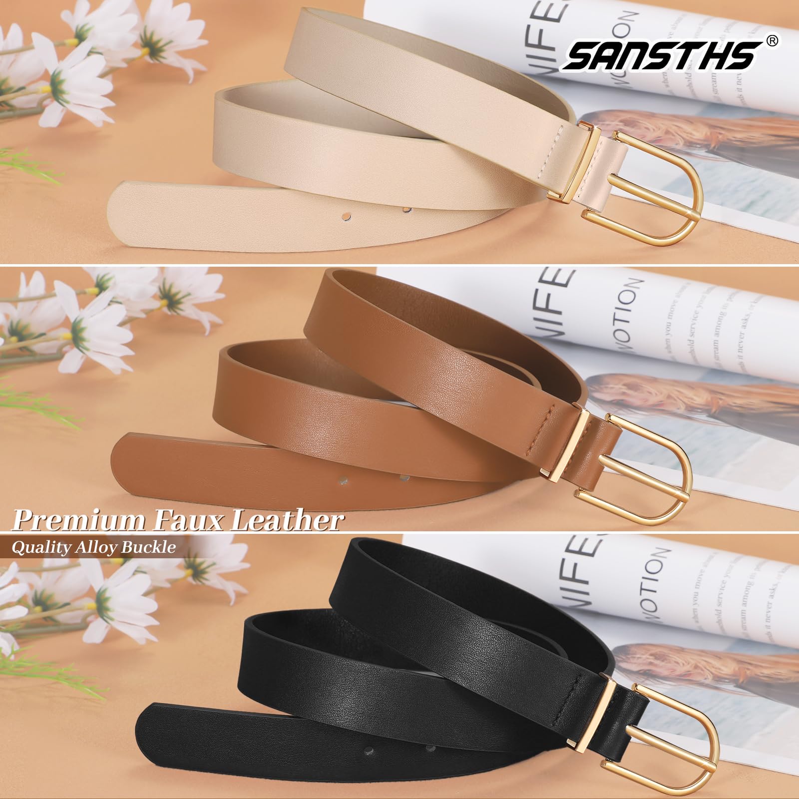 SANSTHS 3 Pack Women Faux Leather Chic Belts for Jeans Pants Fashion Ladies Belt Solid Color with Gold Curved Pin Buckle,Black Brown Beige,M