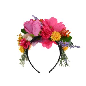 Vividsun Flower Crown Day of the dead Headpiece Party Fiesta Flower Headband (Pink fuchsia green leaf)