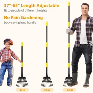 Rake, Garden Leaf Rakes for Lawns Heavy Duty, Yard Metal Rake Tools with 9" Small Narrow Rake Head, 65” Adjustable Long Handle, 11 Steel Tines, Quick Clean up Rake for Shrub, Flower Bed, Camping