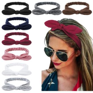 huachi 8 packs bow headbands for women's hair, fashion retro bunny ear hair accessories girls cute knotted bandana headband non slip, boho elastic workout yoga solid color headwrap