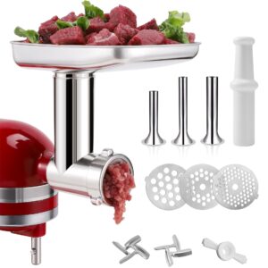 KINGEAGLE Food Grinder Attachment for KitchenAid Mixers,Stainless Steel Dishwasher Safe Meat Mincer Accessories Set Included 3 Sausage Stuffer Tubes