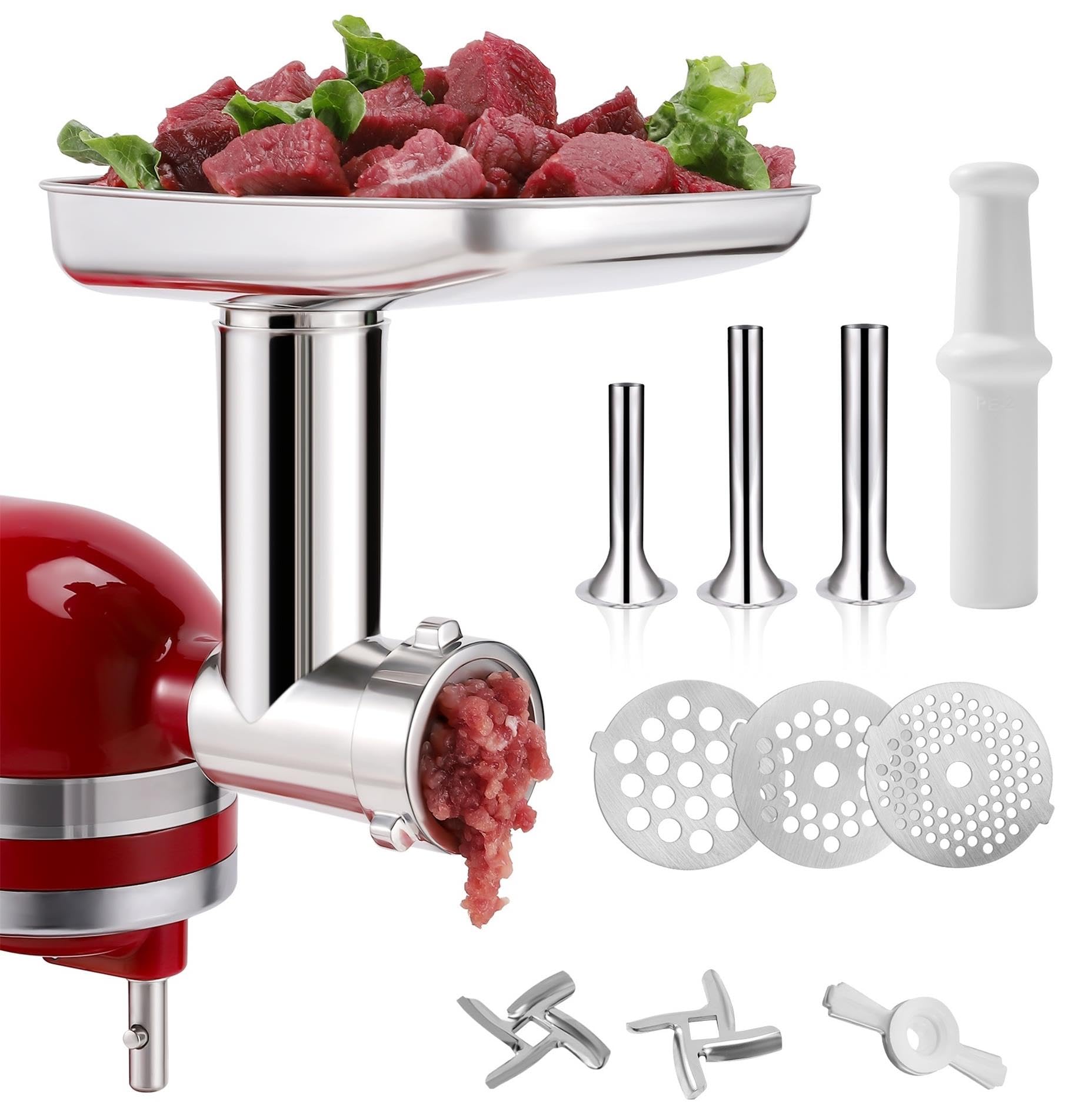 KINGEAGLE Food Grinder Attachment for KitchenAid Mixers,Stainless Steel Dishwasher Safe Meat Mincer Accessories Set Included 3 Sausage Stuffer Tubes