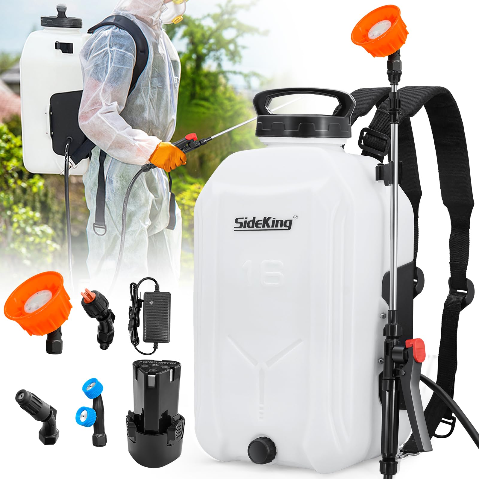 SideKing Battery Powered Backpack Sprayer 4 Gallon, Powerful Electric Garden Sprayer with 12V Rechargeable Battery, Telescopic Wand with Trigger-Lock and 4 Mist Nozzles (Charger Included)