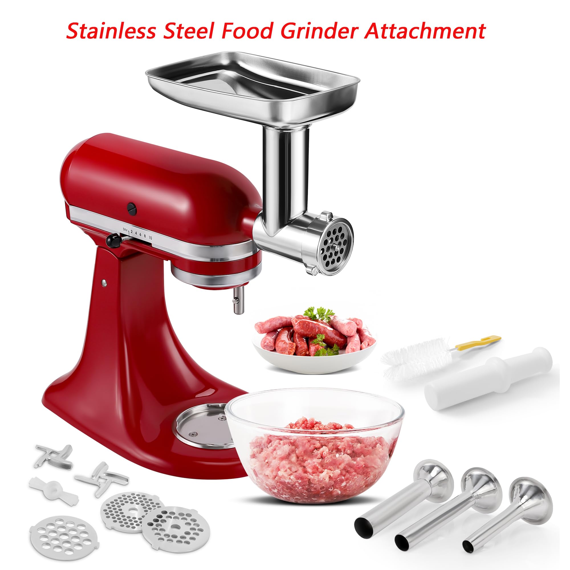 KINGEAGLE Food Grinder Attachment for KitchenAid Mixers,Stainless Steel Dishwasher Safe Meat Mincer Accessories Set Included 3 Sausage Stuffer Tubes