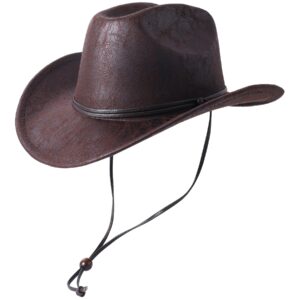 Lanzom Women Men Leather Western Cowboy Hat Cowgirl hat Fedora Outdoor Wide Brim Hat with Lanyard (B-Brown, One Size)