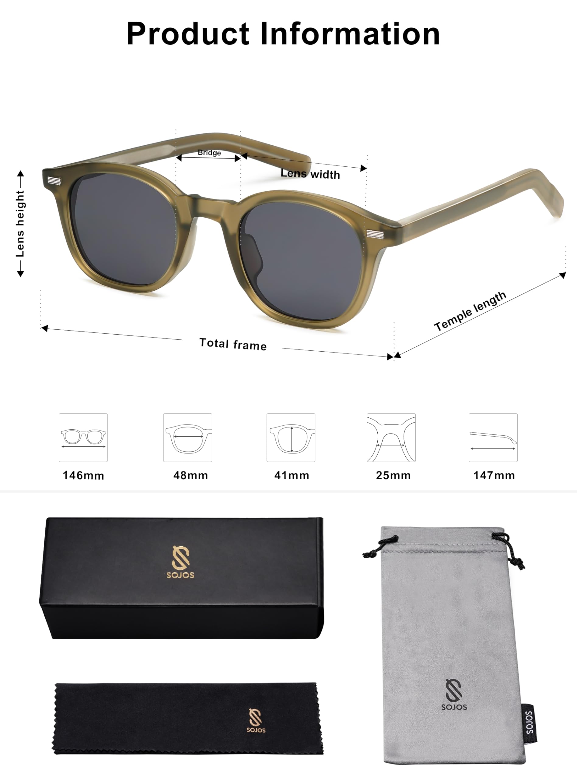 SOJOS Retro Vintage Square Sunglasses for Women Men UV400 Protection Shades Sunnies SJ2316, Olive Green Frame/Grey Lens