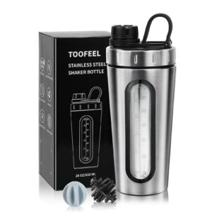 shaker bottles for protein mixes - toofeel 28 oz stainless steel protein shaker with 2 mixing ball, not stays cold/hot, visible window metal shaker cups, leakproof, bpa free bottle shaker