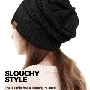 Black Slouchy Beanies for Women Cable Knit Winter Hats Ladies Gifts Oversized Chunky Skull Cap Thick Warm Stocking Caps for Cold Weather Cute Fashionable Spring Fall Beanies Hat Snow Caps Christmas