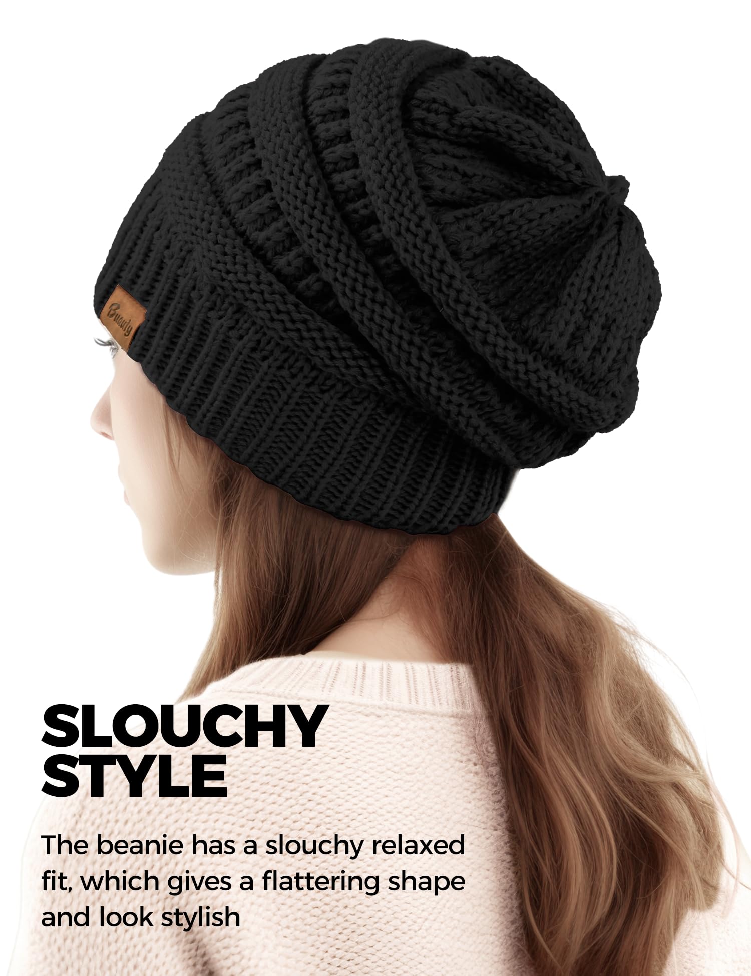 Black Slouchy Beanies for Women Cable Knit Winter Hats Ladies Gifts Oversized Chunky Skull Cap Thick Warm Stocking Caps for Cold Weather Cute Fashionable Spring Fall Beanies Hat Snow Caps Christmas