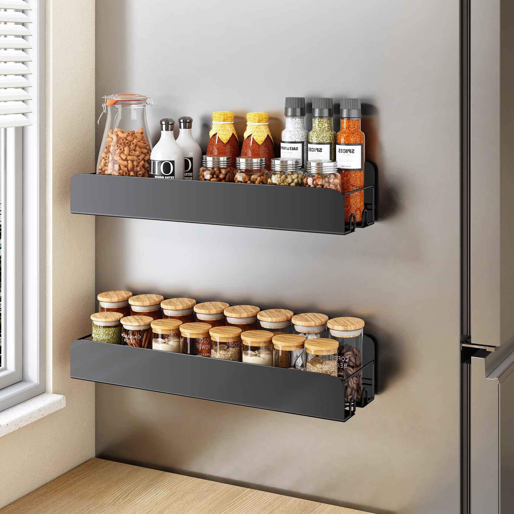 Kitstorack Spice Rack Wall Mount, 2 Pack 15.7" Oversize Spice Rack Organizer without Drilling Large Adhesive Hanging Spice Racks, Kitchen Essentials Home Decor, Black,for Smooth Walls