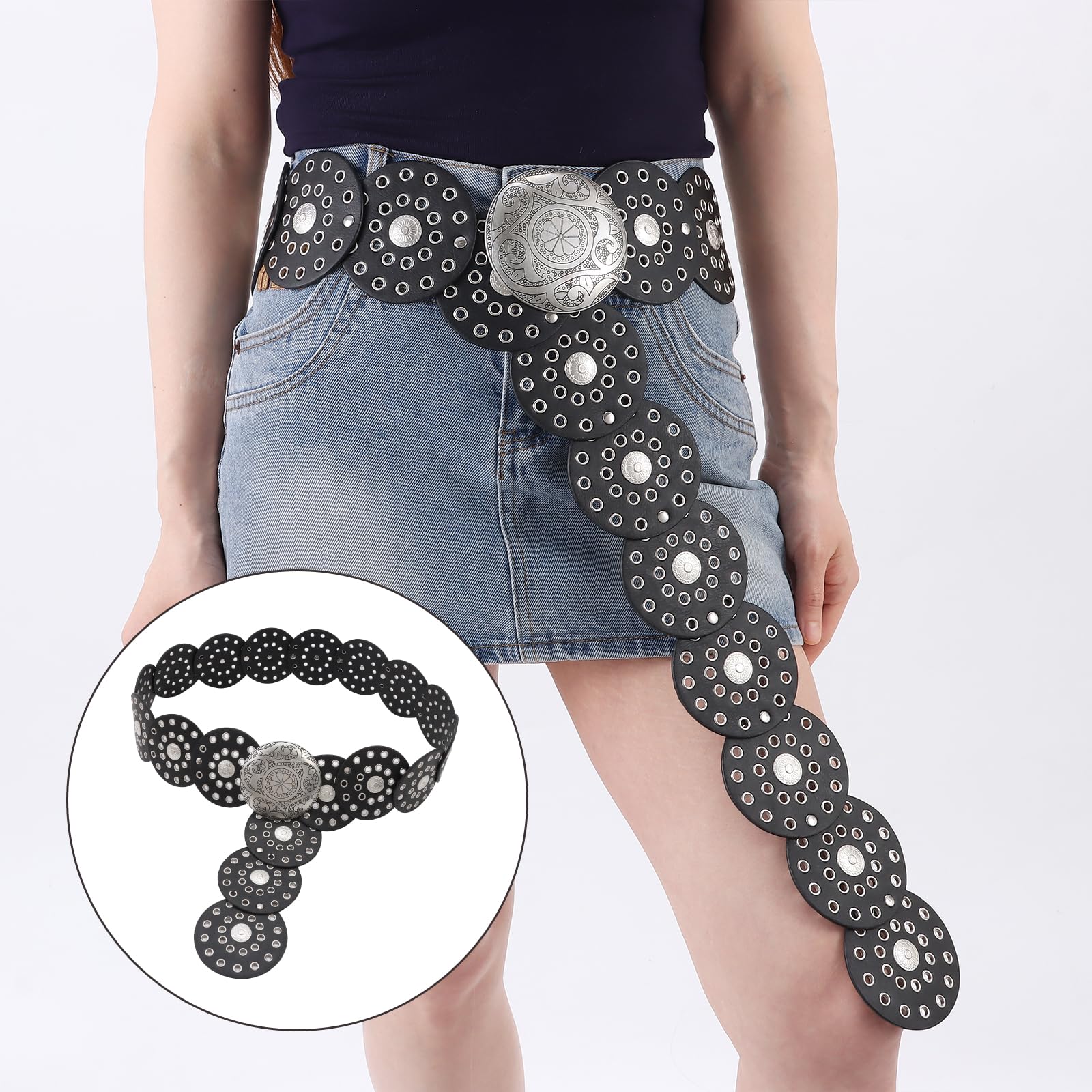 Dazzleimart Hollow Disc Belt Western Style Exaggerated Cowboy Wide Disc Belt Metal Buckle Vintage Soft Belt for Women (Black Silver-A, 101cm/39.7in)