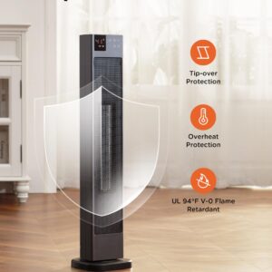 PELONIS 30” Ceramic Tower Space Heater with Adjustable Thermostat for Large Room, 75° Oscillation, Remote Control & 12H Timer, Tip-Over Switch & Overheating Protection, 1500W, PHF15RSAPH30, Black