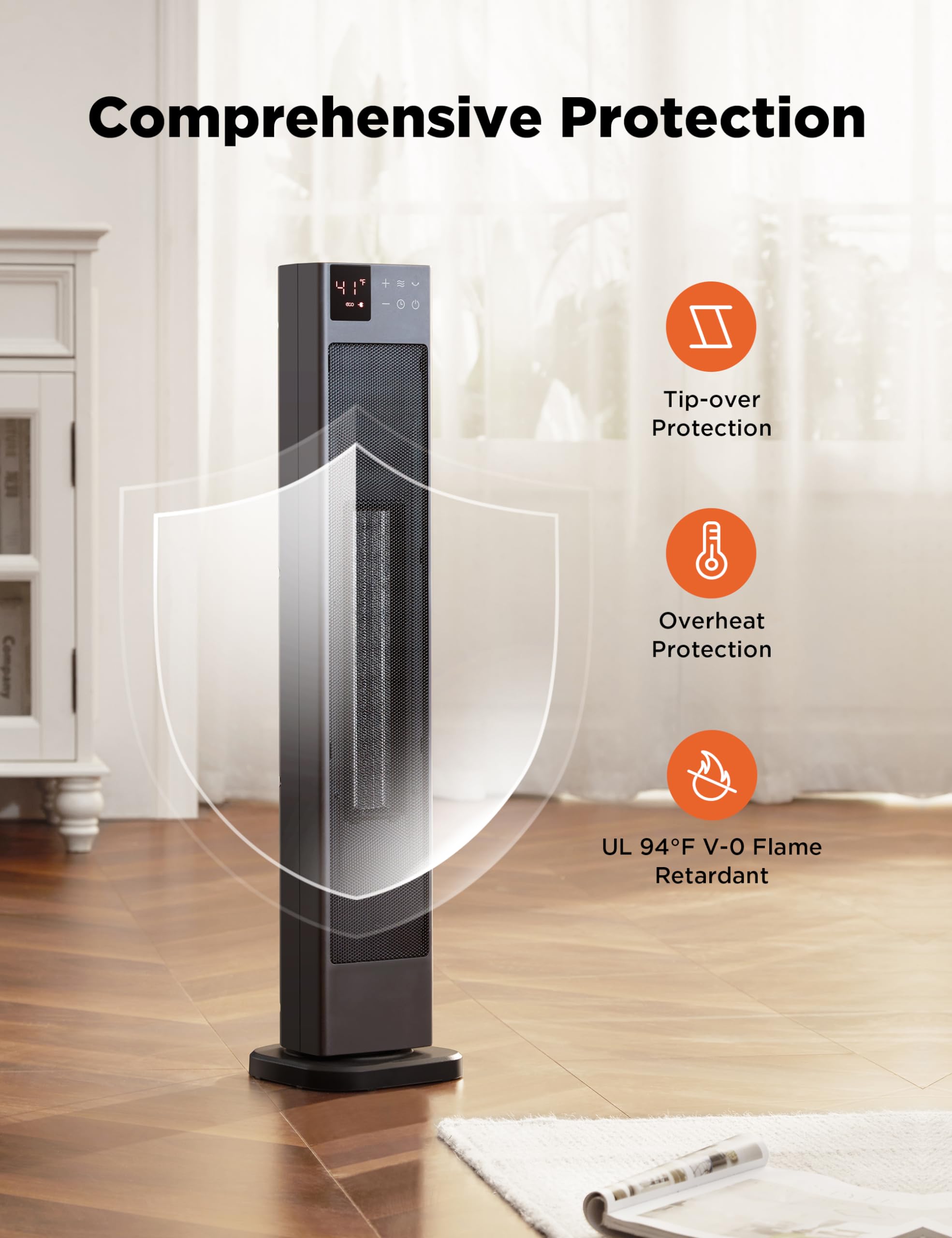 PELONIS 30” Ceramic Tower Space Heater with Adjustable Thermostat for Large Room, 75° Oscillation, Remote Control & 12H Timer, Tip-Over Switch & Overheating Protection, 1500W, PHF15RSAPH30, Black