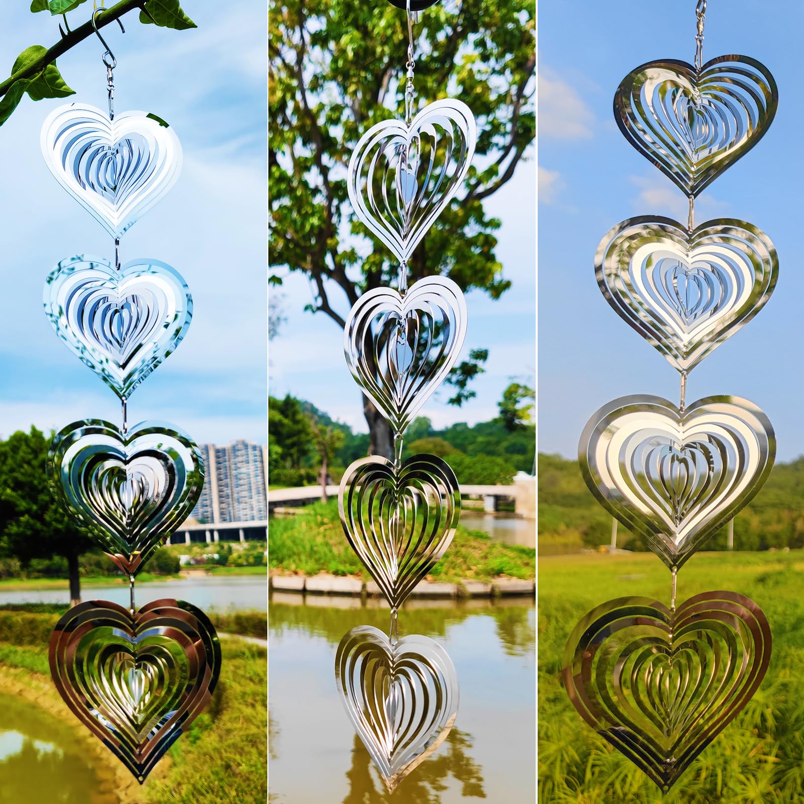 DJUAN Heart Bird Scare Discs Set-Highly Reflective Double-Sided Bird Reflectors,Extra Sparkly Metal Wind Spinner Outdoor Garden Decor, Bird Devices Deterrent to Scare Birds Away from Yard Patio Farm