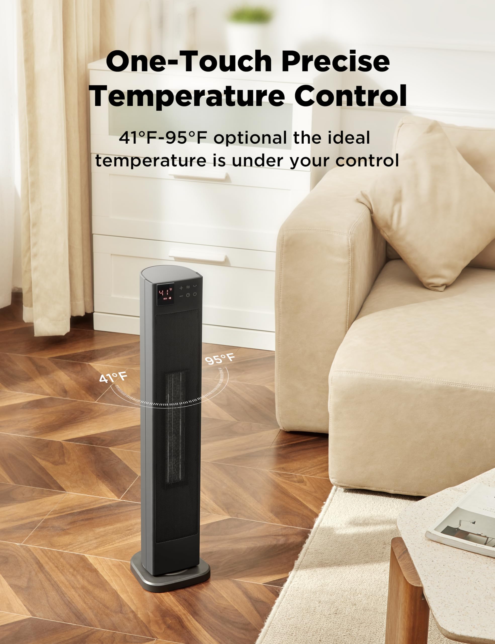 PELONIS 30” Ceramic Tower Space Heater with Adjustable Thermostat for Large Room, 75° Oscillation, Remote Control & 12H Timer, Tip-Over Switch & Overheating Protection, 1500W, PHF15RSAPH30, Black