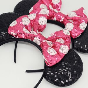 LIHELEI Minnie Ears Mouse Ears Headband with Sequin Bows, Headbands for Kids Halloween Costume, Headwear Hair Accessories for Women Girls - 3PCS Hot Pink