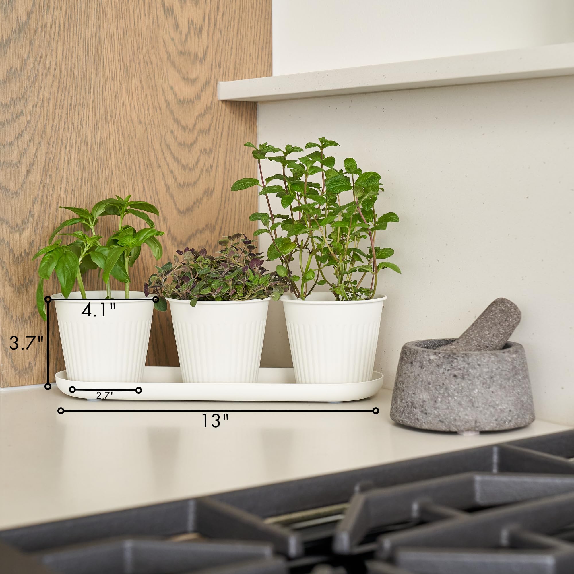 KIBAGA Beautiful Herb Garden Planter Indoor Set of 3 - Perfect for Any Kitchen Window Sill or Countertop - A Modern Decor Gardening Planter Kit Incl. Tray & Drainage Holes to Grow Fresh Herbs at Home