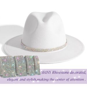 HUDANHUWEI Womens Wide Brim Fedora Hats With Shiny Rhinestone Belt Buckle Clas-White