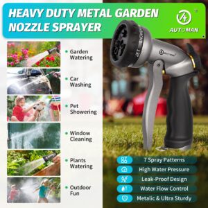 AUTOMAN Garden Hose Nozzle - 7 Patterns Sprayer, 100% Metal High Pressure Spray Nozzle, Labor-Saving Design, Heavy Duty Water Hose Nozzle for Garden Watering, Car Washing, Window Cleaning,Pets Bathing