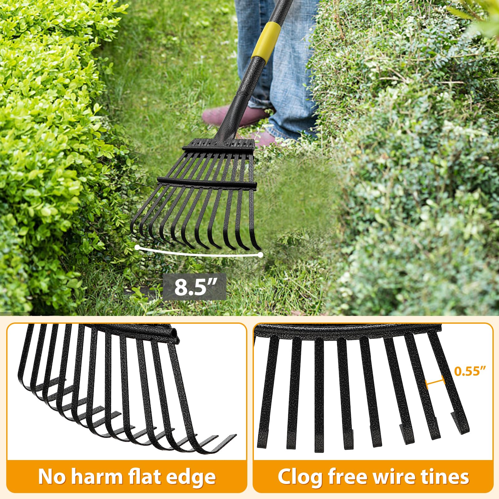 Rake, Garden Leaf Rakes for Lawns Heavy Duty, Yard Metal Rake Tools with 9" Small Narrow Rake Head, 65” Adjustable Long Handle, 11 Steel Tines, Quick Clean up Rake for Shrub, Flower Bed, Camping