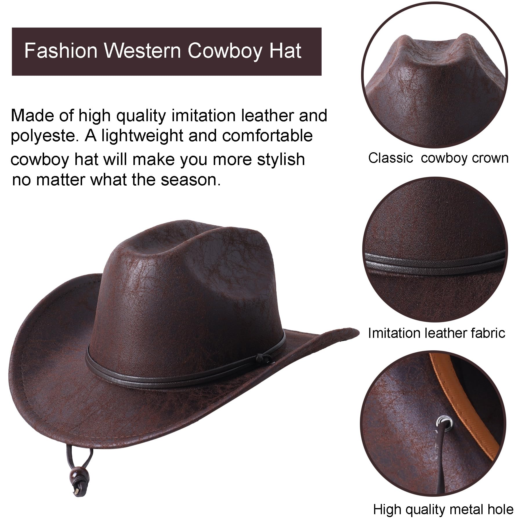 Lanzom Women Men Leather Western Cowboy Hat Cowgirl hat Fedora Outdoor Wide Brim Hat with Lanyard (B-Brown, One Size)