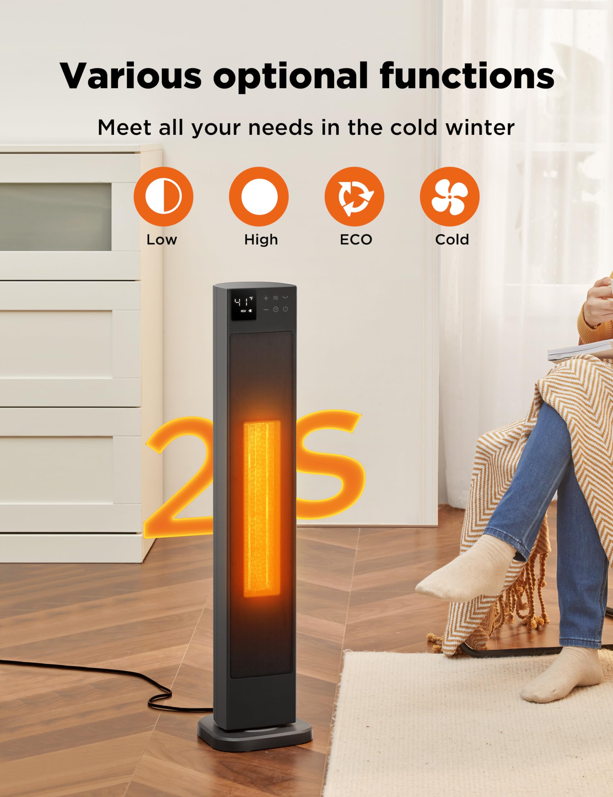 PELONIS 30” Ceramic Tower Space Heater with Adjustable Thermostat for Large Room, 75° Oscillation, Remote Control & 12H Timer, Tip-Over Switch & Overheating Protection, 1500W, PHF15RSAPH30, Black