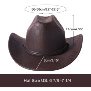 Lanzom Women Men Leather Western Cowboy Hat Cowgirl hat Fedora Outdoor Wide Brim Hat with Lanyard (B-Brown, One Size)