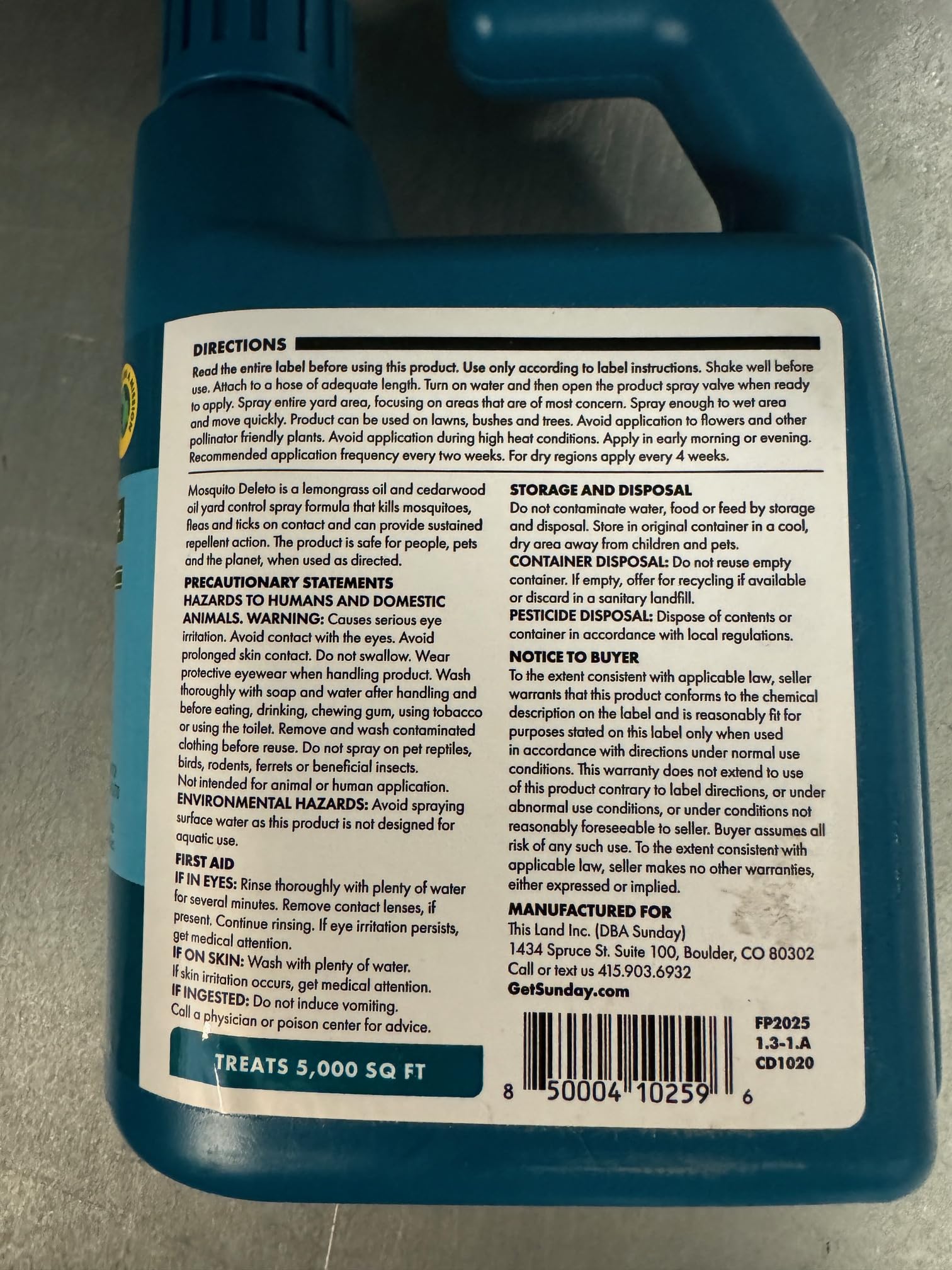 Sunday Mosquito Deleto - Mosquito Repellent & Bug Control Spray - Concentrated Lemongrass & Cedar Oils - for Mosquitoes, Fleas, & Ticks - Lasts up to 4 Weeks - Hose-On Sprayer, 32 Fl Oz