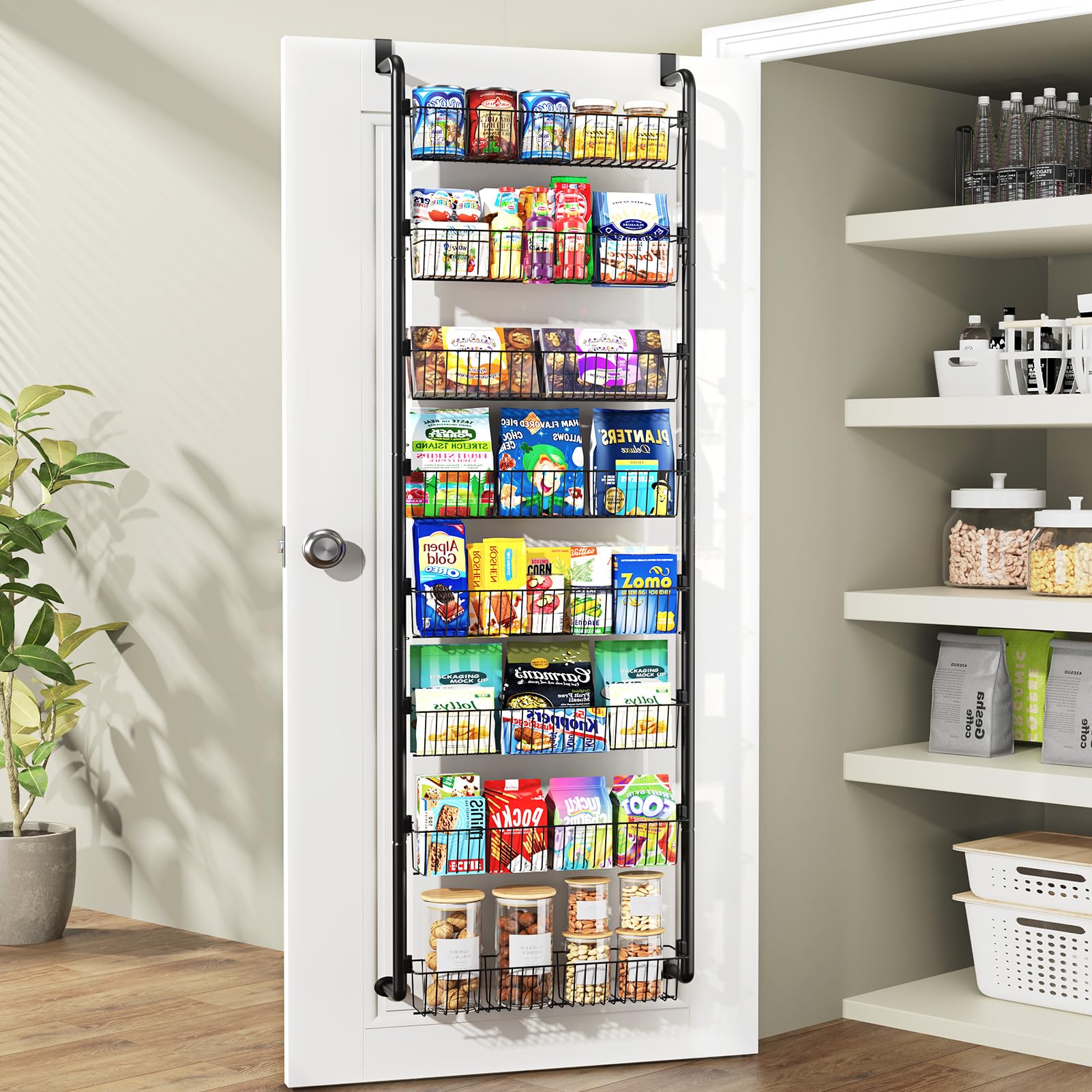 Goovilla Over The Door Pantry Organizer, 8-Tier Pantry Organization and Storage, Metal Hanging Spice Rack for Pantry Door, Kitchen, Laundry, Bathroom Organization, Back of Door Seasoning Rack, Black