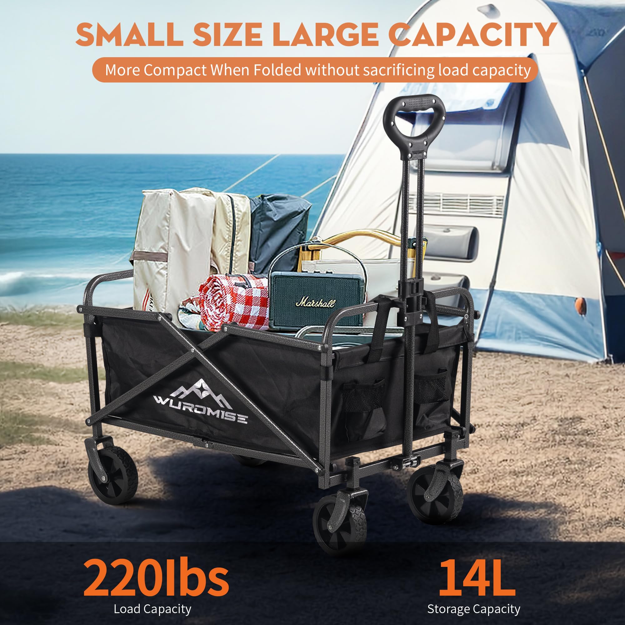 WUROMISE Beach Wagon - Wagon Cart with Wheels Foldable, Heavy Duty Garden Cart with Swivel Wheels, Large Capacity, and Adjustable Handle