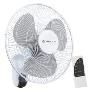 nexair 16" oscillating wall mount fan, quiet operating room fan with remote control, 3 speed wall fan for bedroom with 7.5 hr auto off timer, adjustable cooling fan for home, office & living room