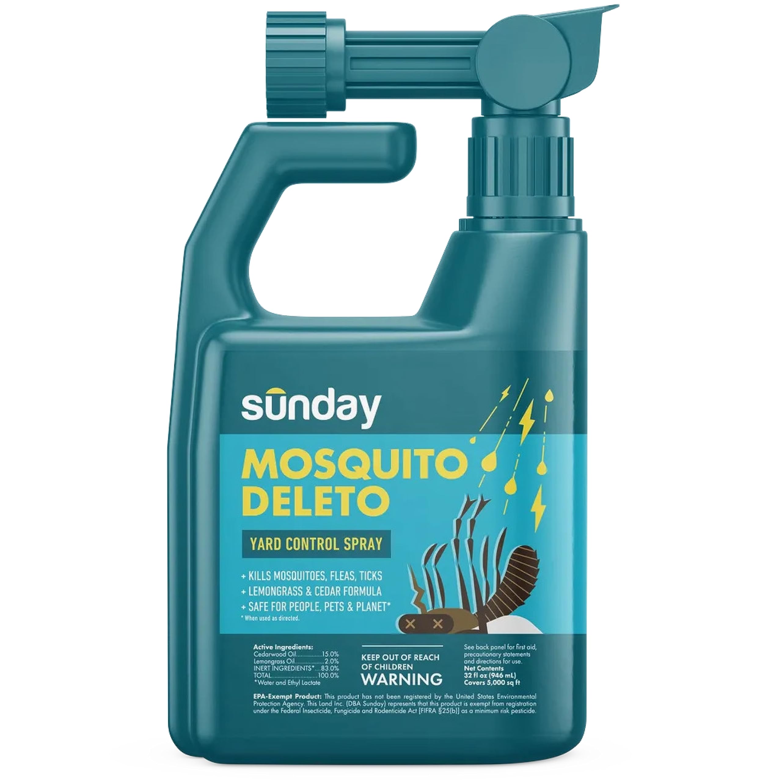 Sunday Mosquito Deleto - Mosquito Repellent & Bug Control Spray - Concentrated Lemongrass & Cedar Oils - for Mosquitoes, Fleas, & Ticks - Lasts up to 4 Weeks - Hose-On Sprayer, 32 Fl Oz