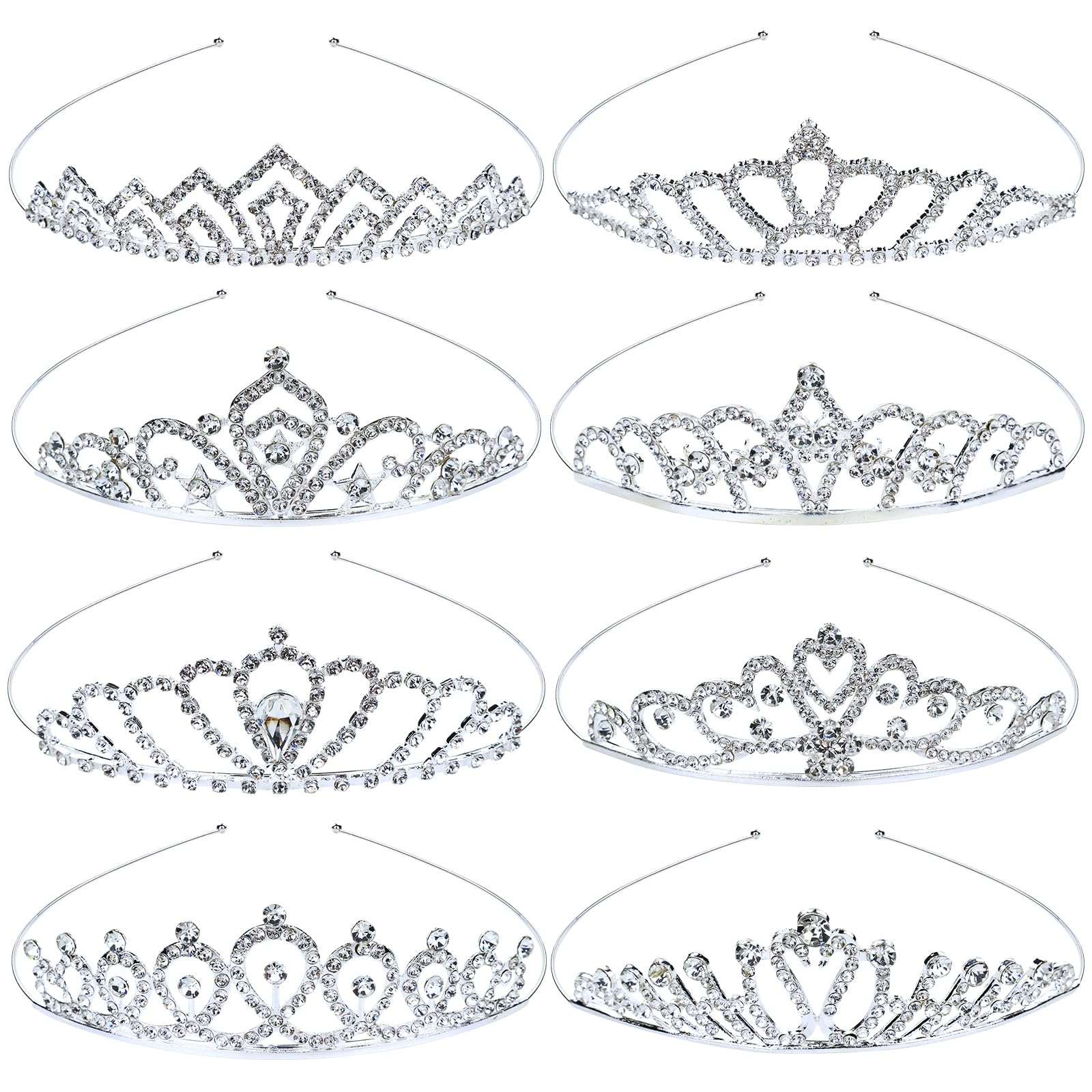 inSowni 8 Pieces Decorative Princess Dazzling Rhinestone Silver Metal Tiara Crown Headbands Wedding Birthday Party Prom Headpieces for Brides Bridesmaids Women Girls Teens Kids