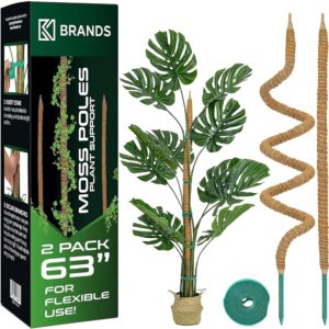 k-brands 2 pack moss pole - 63'' bendable monstera plant support - moss poles for climbing plants monstera - plant pole plant sticks support - plant stakes kit for indoor plants