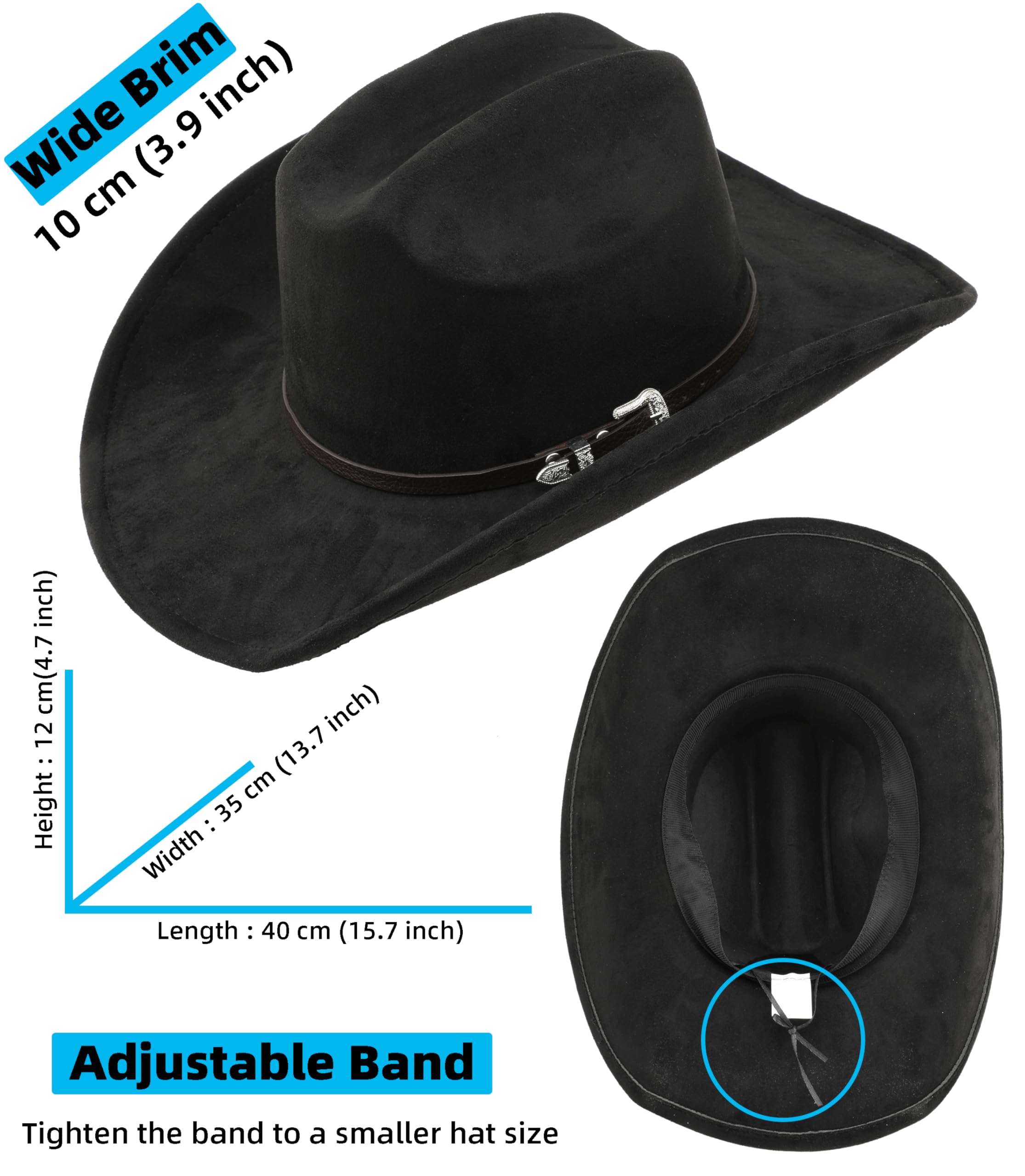 BESOOGII Wide Brim Felt Cowboy Hat for Women Men Western Cowgirl Hats (L, Black)