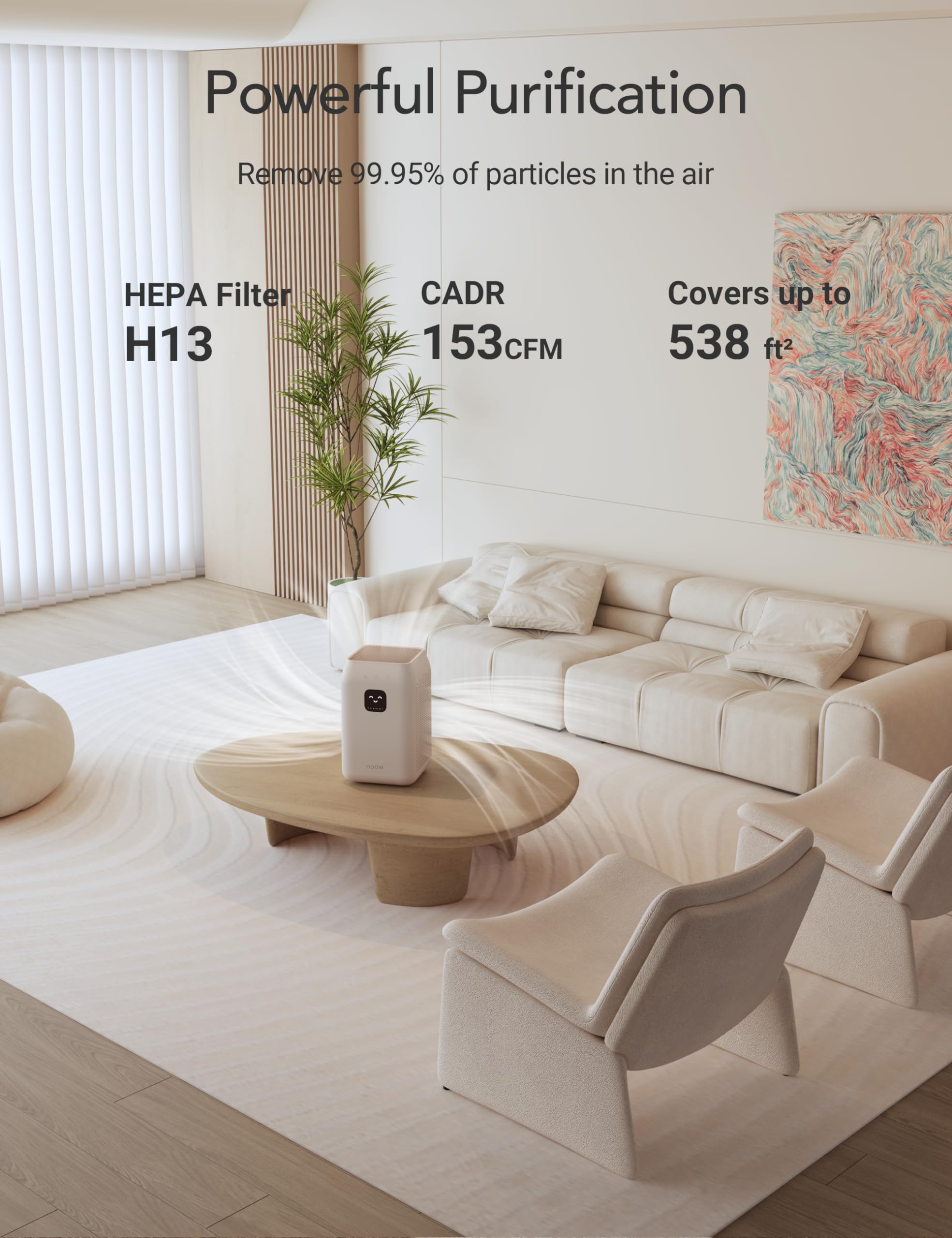 Nooie WiFi Air Purifier,H13 HEPA Filter Remove 99.97% Dust, Pollen, Smoke up to 538 Sq.Ft. For Pets Allergies,Baby friendly Air Purifier With Ultra Low Noise Sleep