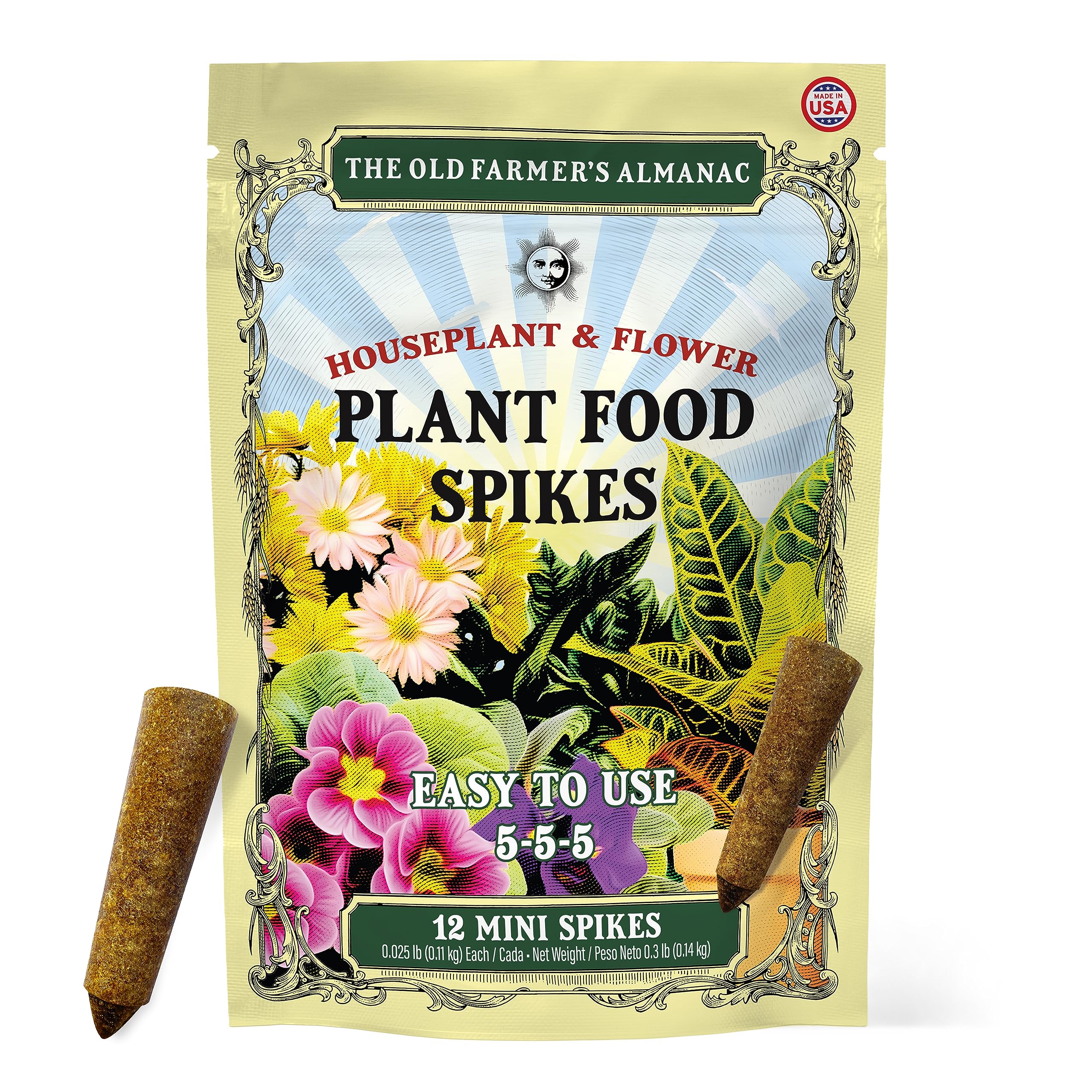 The Old Farmer's Almanac Houseplant & Flower Plant Food Mini Spikes - NPK 5-5-5 for Continuous Feeding and Vibrant Colors (12 Mini Spikes)