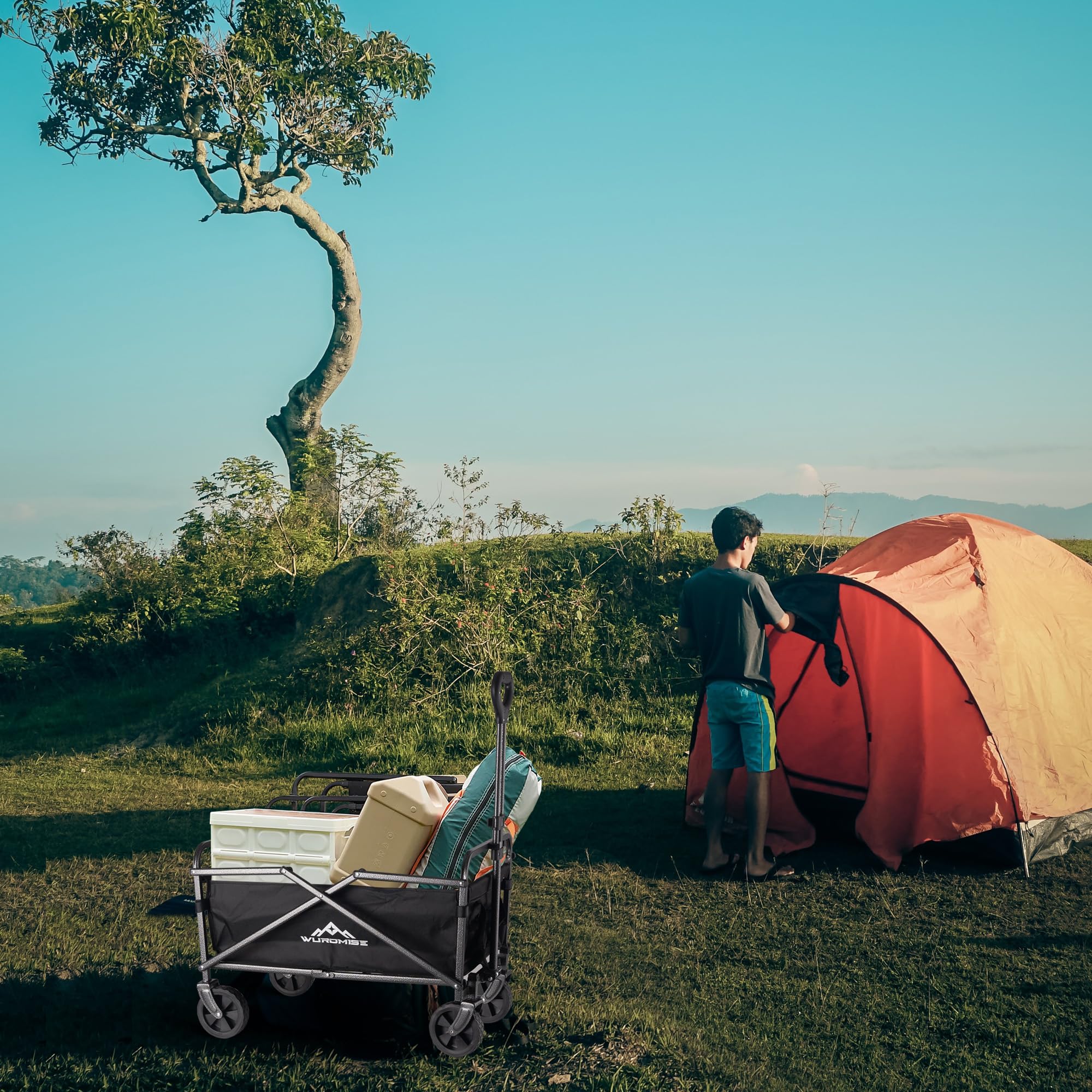 WUROMISE Beach Wagon - Wagon Cart with Wheels Foldable, Heavy Duty Garden Cart with Swivel Wheels, Large Capacity, and Adjustable Handle