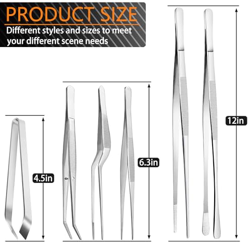 JETKONG 6 Pcs Cooking Tweezer Tongs, 12'' and 6.3" Stainless Steel Kitchen Tweezer Set, Professional Chef Tweezers for Cooking, Repairing, Sea Food, BBQ, Multi-use