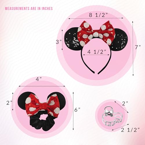 Styla Hair 3 Piece Hairband Set - Red Black - Includes Sequin Mouse Ears Headband, Velvet Sequin Scrunchie, and Claw Clip - Hair Accessories for Women, Teens, Kids