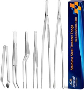 jetkong 6 pcs cooking tweezer tongs, 12'' and 6.3" stainless steel kitchen tweezer set, professional chef tweezers for cooking, repairing, sea food, bbq, multi-use