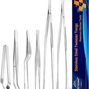 JETKONG 6 Pcs Cooking Tweezer Tongs, 12'' and 6.3" Stainless Steel Kitchen Tweezer Set, Professional Chef Tweezers for Cooking, Repairing, Sea Food, BBQ, Multi-use