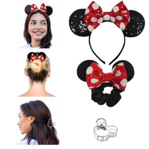 Styla Hair 3 Piece Hairband Set - Red Black - Includes Sequin Mouse Ears Headband, Velvet Sequin Scrunchie, and Claw Clip - Hair Accessories for Women, Teens, Kids