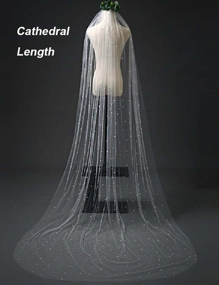 Elawbty 1 Tier Pearl Cathedral Length Wedding Bridal Veil With Metal Comb White F55