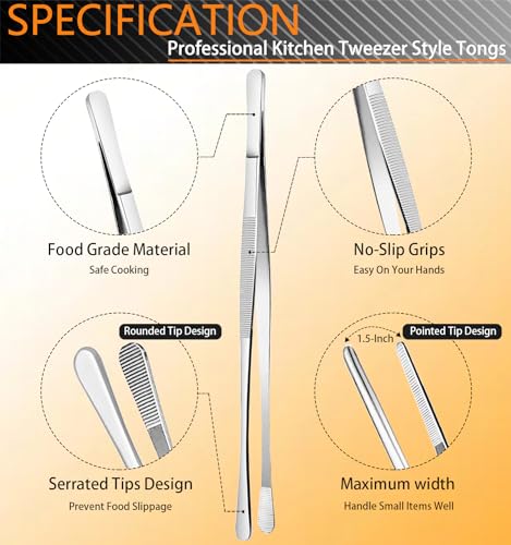 JETKONG 6 Pcs Cooking Tweezer Tongs, 12'' and 6.3" Stainless Steel Kitchen Tweezer Set, Professional Chef Tweezers for Cooking, Repairing, Sea Food, BBQ, Multi-use